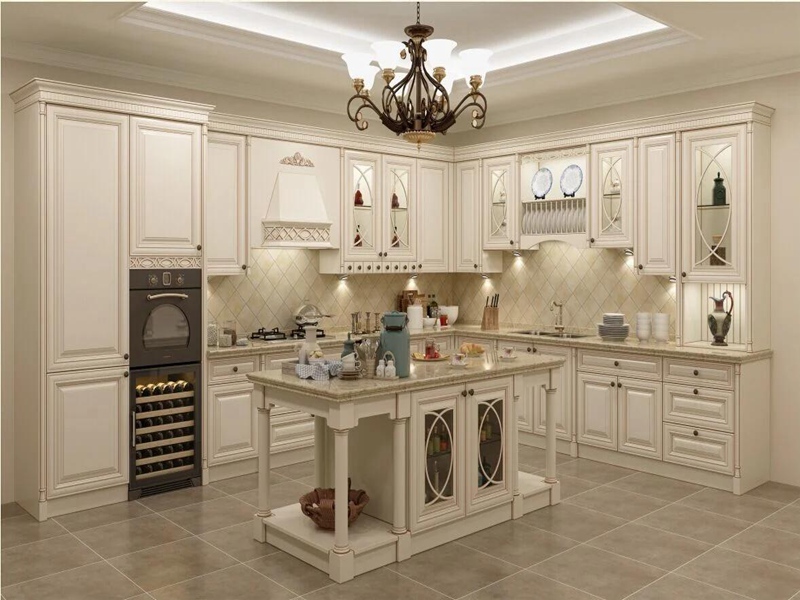 Cream Shaker Style Solid Wood Kitchen Cabinets with Ornate Floral Engraving
