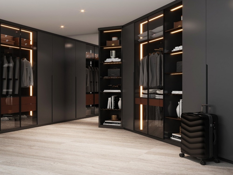 Light Luxury Design Minimalist Matte Black Lacquered Wooden Walk-in Wardrobe With Built-in Light Strips