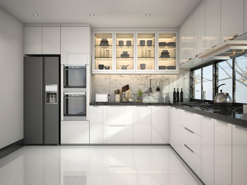 YALIG New Design Minimalist Glossy White Acrylic Door Panel Solid Wood Kitchen Cabinets 
