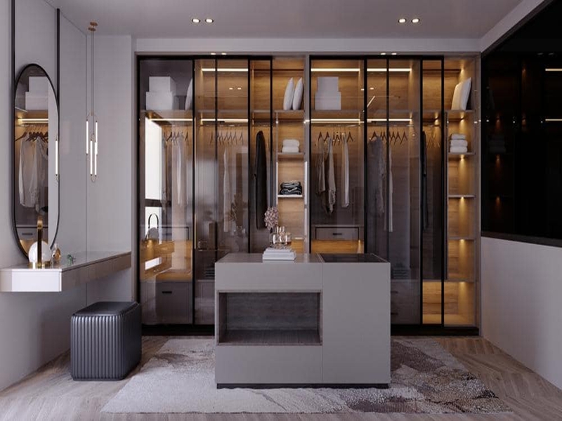 Modern Minimalist Glass Door Panel Solid Wood Walk-in Wardrobe