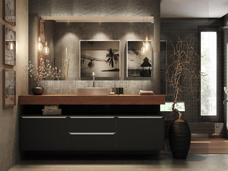 High End Black Lacquered Solid Wood Luxury Bathroom Cabinet