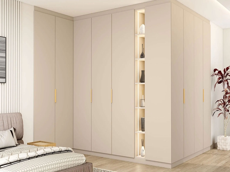 Popular Minimalist Wardrobe Cream White Lacquered Solid Wood Wardrobe With Lighting Designs