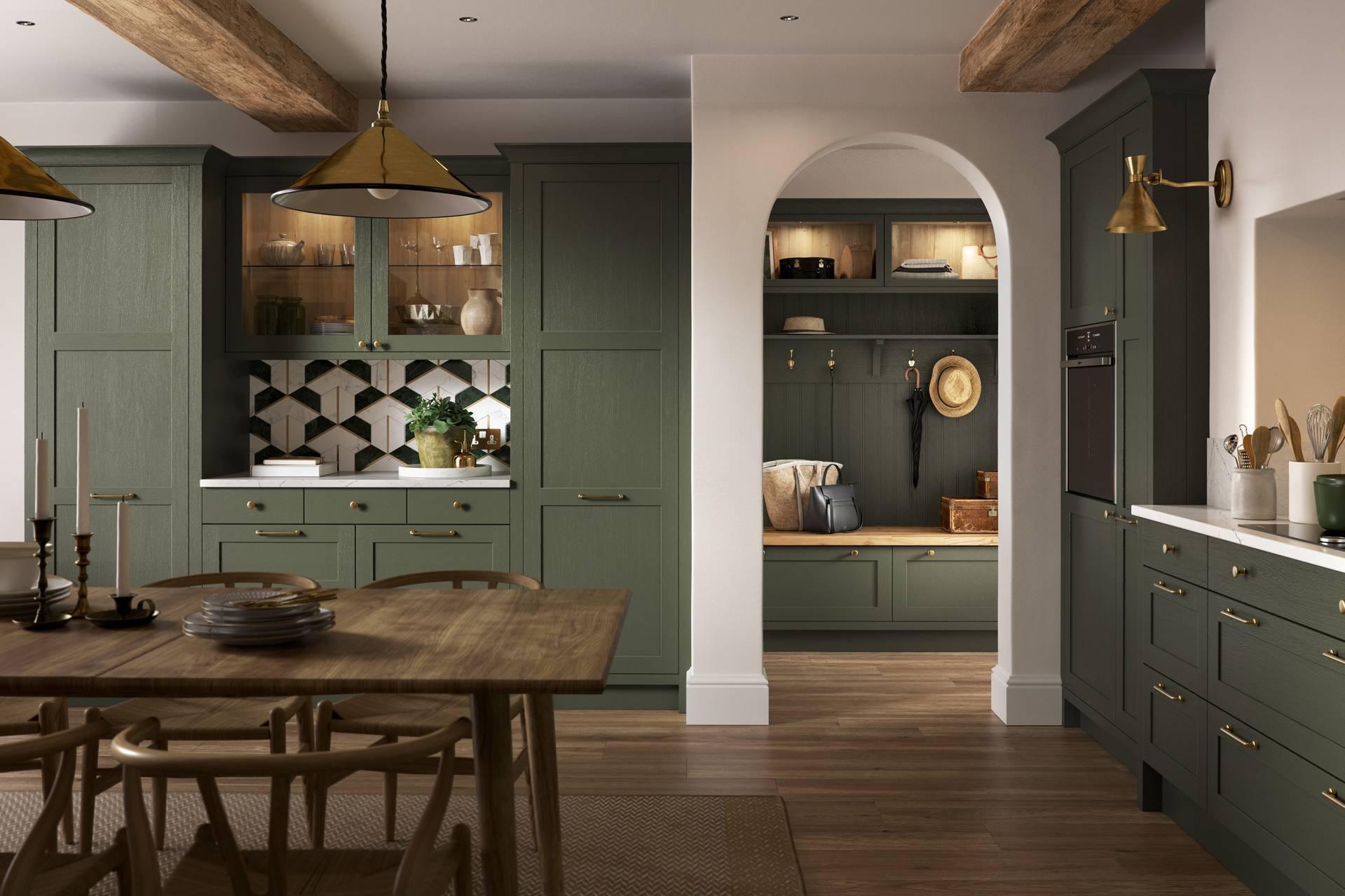 High Quality Dark Green Lacquered Solid Wood Kitchen Cabinets with Gold Pulls
