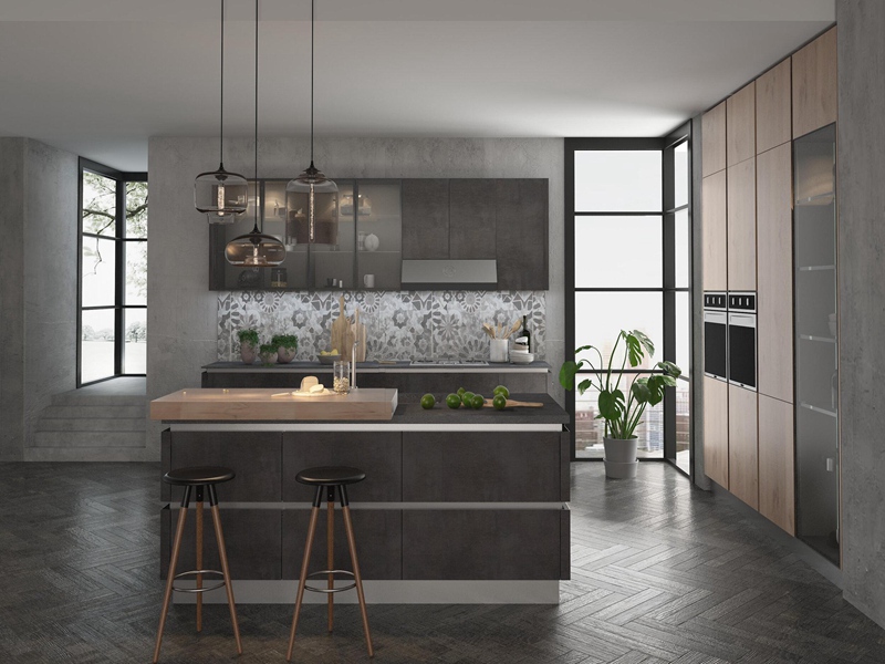 Hot Sale Two Tone Design Dark Melamine Sheet Solid Wood Kitchen Cabinets with Kitchen Island Designs
