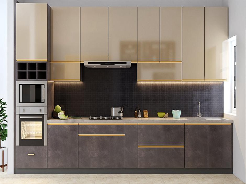Pop Design Glossy Dark Solid Wood Kitchen Cabinets with Stylish Lighting Designs