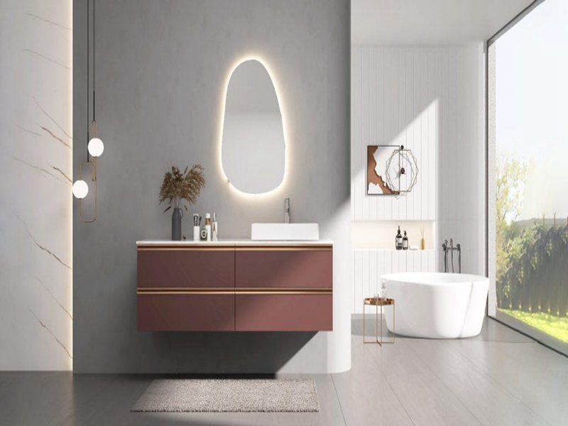Modern Design Stylish Burgundy Lacquer Waterproof Solid Wood Bathroom Cabinet Dresser