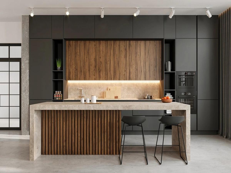 High End Custom Black Lacquered Solid Wood Kitchen Cabinets with Oak Veneer Kitchen Island Designs