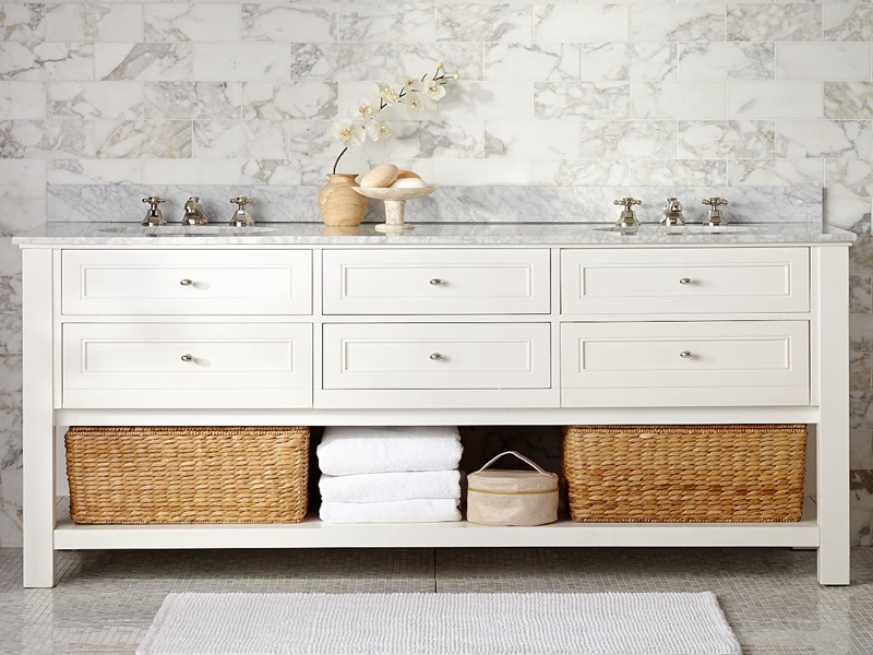 Elegant Shaker Style White Lacquered Matte Solid Wood Bathroom Vanity with Light Countertop