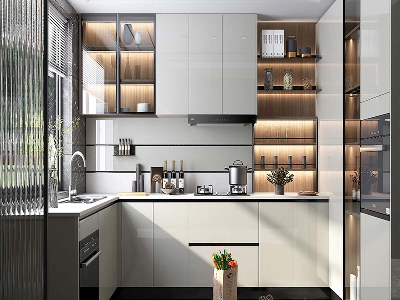 High Quality Modern Glossy White Lacquered Solid Wood Kitchen Cabinets With Black Pulls