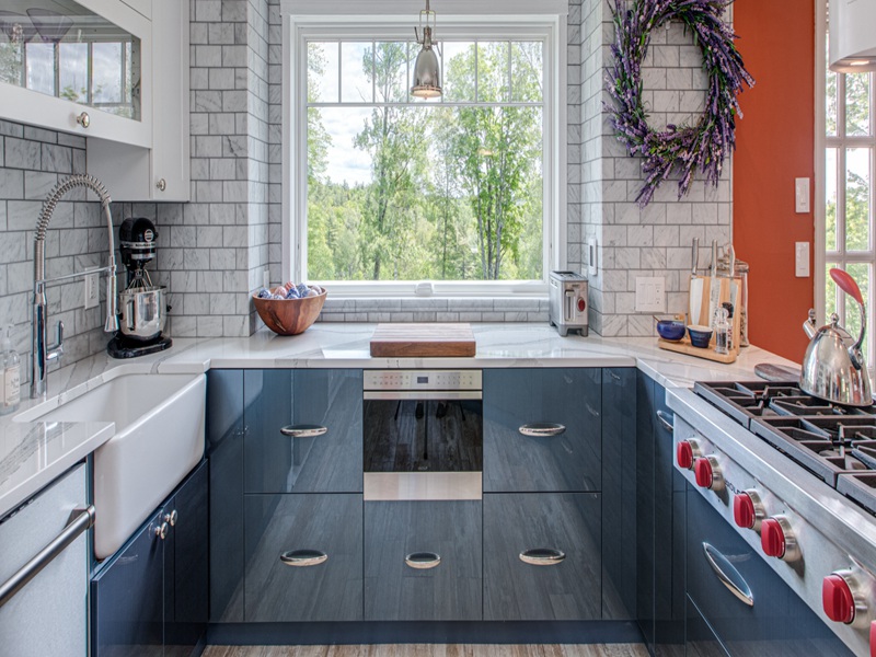 Elegant Blue Gloss Kitchen Cabinets Acrylic Finish Solid Wood Cabinets