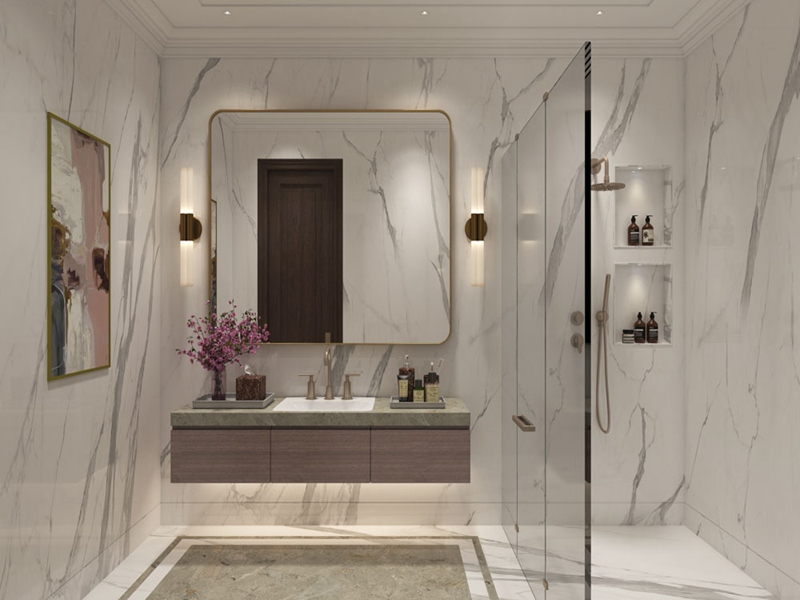Modern Style Minimalist Melamine Veneer Solid Wood Bathroom Vanity with Bordered Mirror