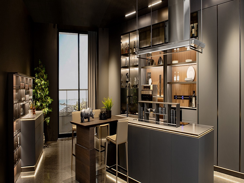 Italian Light Luxury Style Light Grey Lacquer Finish Solid Wood Kitchen Cabinets With Wine Cooler Storage