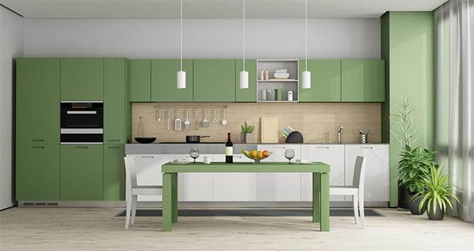 Minimalist Green Lacquer Finish Flat Panel Kitchen Cabinets with Ssolid Wood Countertop