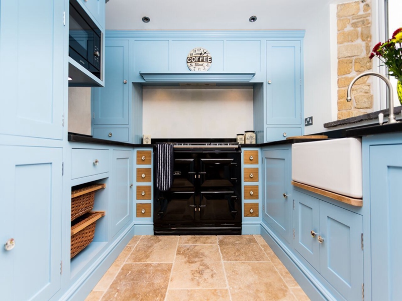 blue lacquer finished kitchen cabinet  