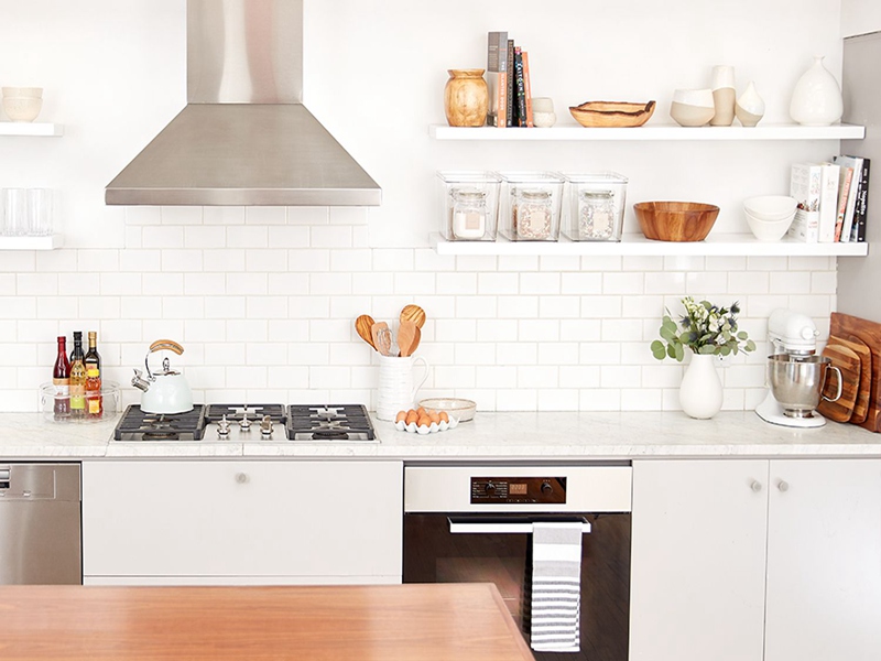 open shelving of kitchen cabinets