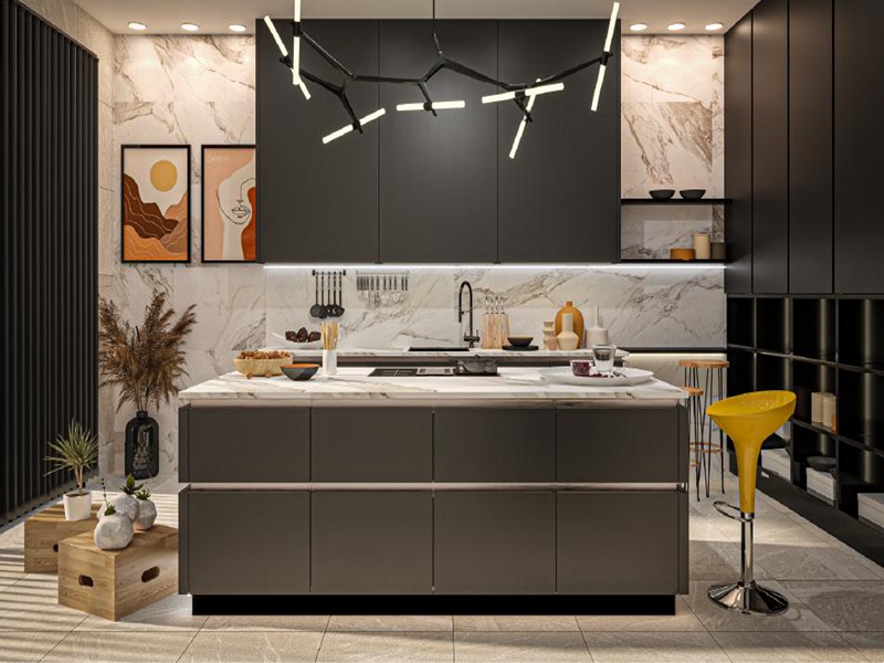 Stylish Black Finished Flat Panel Kitchen Cabinets with Patterned Quartzite
