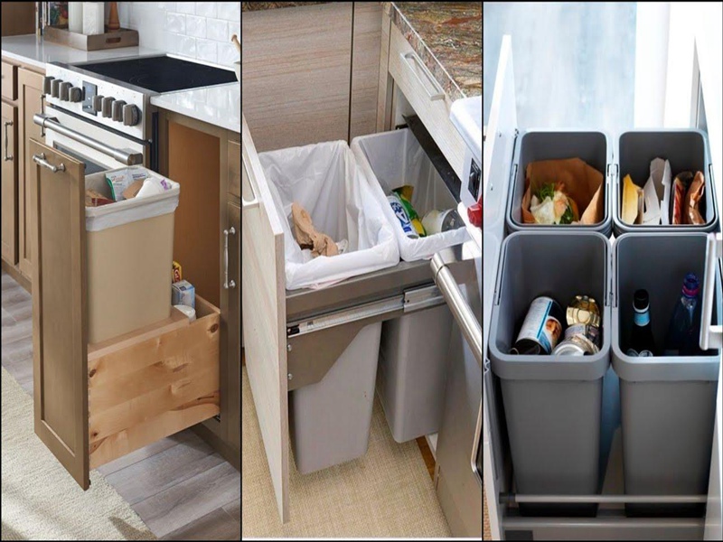 Rubbish and recycling drawer of kitchen cabinets