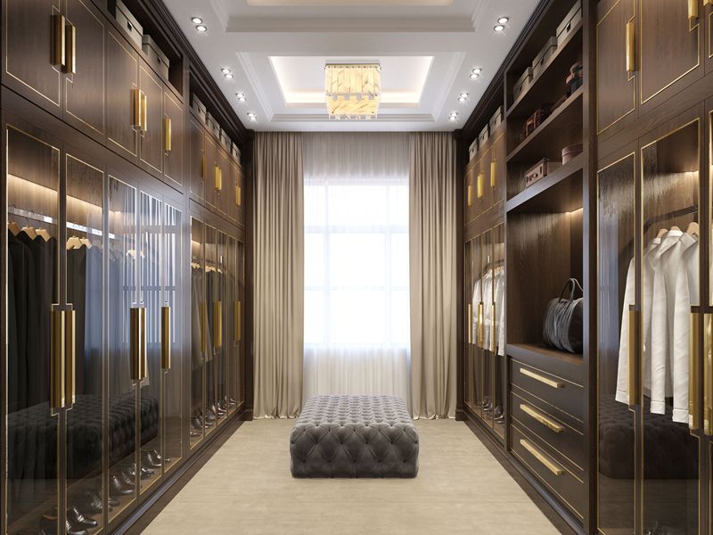 Modern Luxury Walk-in Wardrobe with Recessed Copper Stripe Patterned Panels
