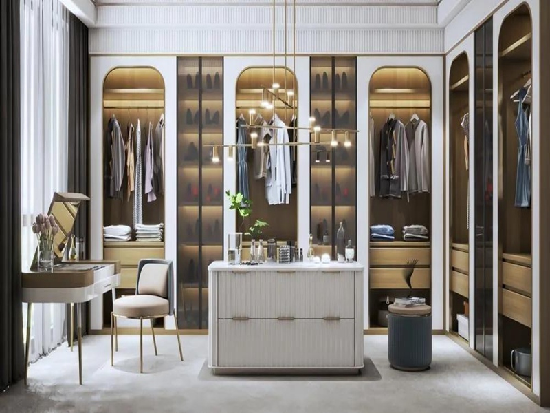 Light Luxury Style Cream Lacquer Finish Walk-in Wardrobe with Rounded Moulding