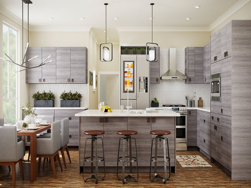 Minimalist Wood Grain Grey Solid Wood Kitchen Cabinets with Kitchen Island Design