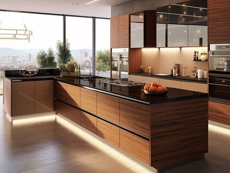 Traditional Modern Style Minimalist Walnut Kitchen Cabinets with Glass PanelsShaker Style Solid Wood Panel Kitchen Cabinets with Vintage Roman Column Decoration