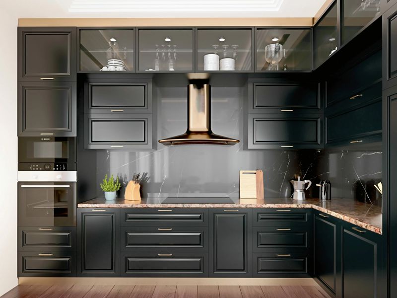 Classic Shaker Style Matte Black Lacquered Solid Wood Kitchen Cabinet with Black Aluminium Framed Doors