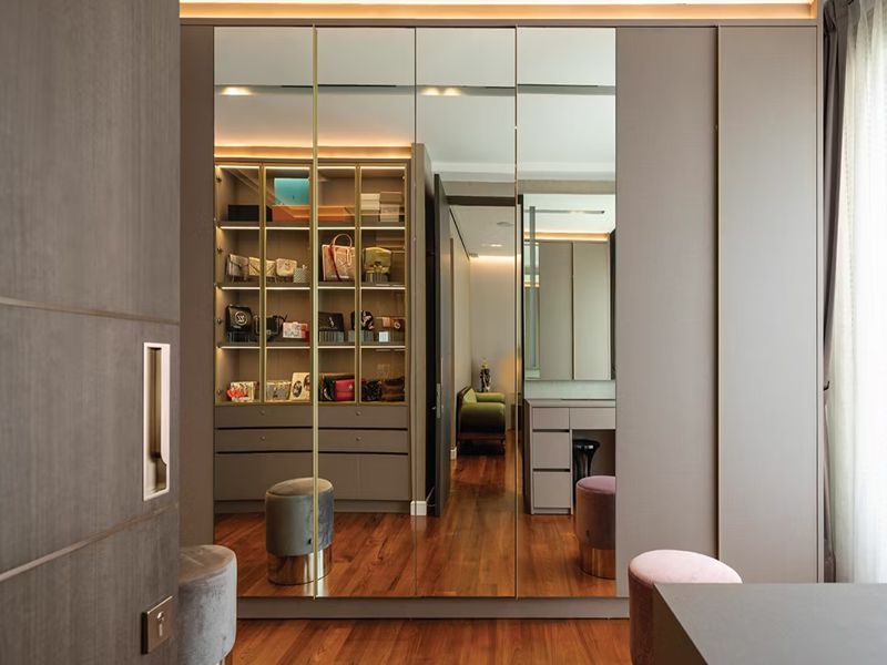 Mirrored panels of wardrobe