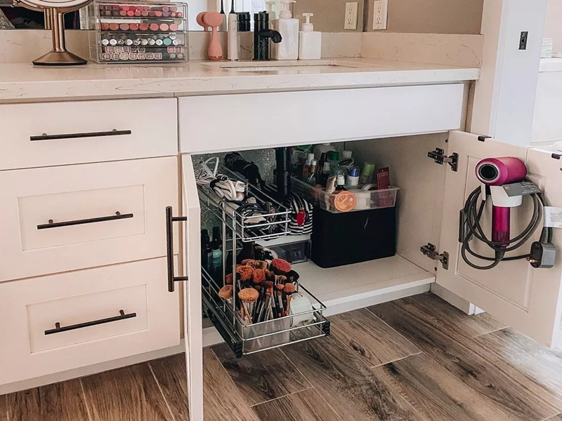 Use the door storage for bathroom vanity