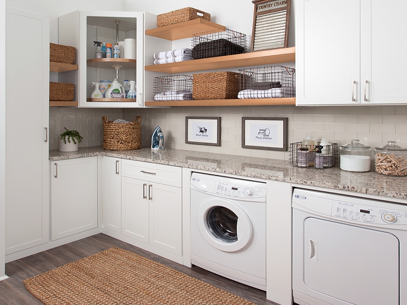 Shaker Style White Lacquer Finish Laundry Closets with Open Shelf Designs