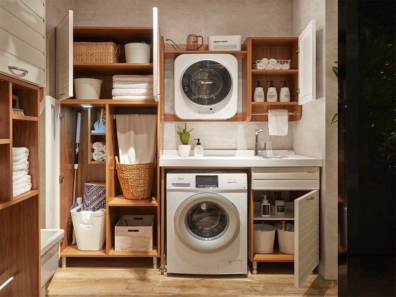 Stylish Two Tone Laundry Cabinet with Multiple Storage Spaces