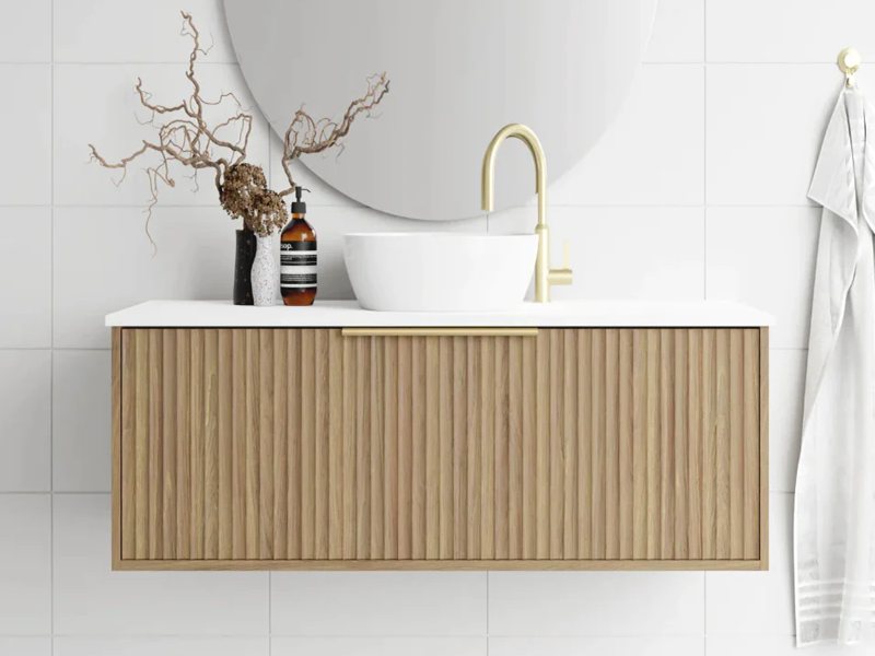  Wooden Grain Finish Bathroom Vanity with Fluting Design