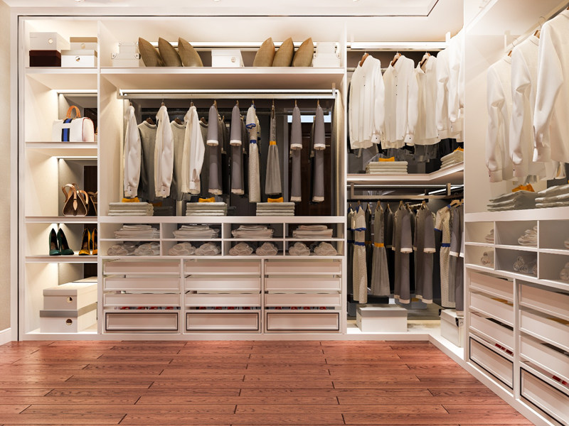 Modern Minimalist White Walk-In Wardrobe with Multi-Storage Design