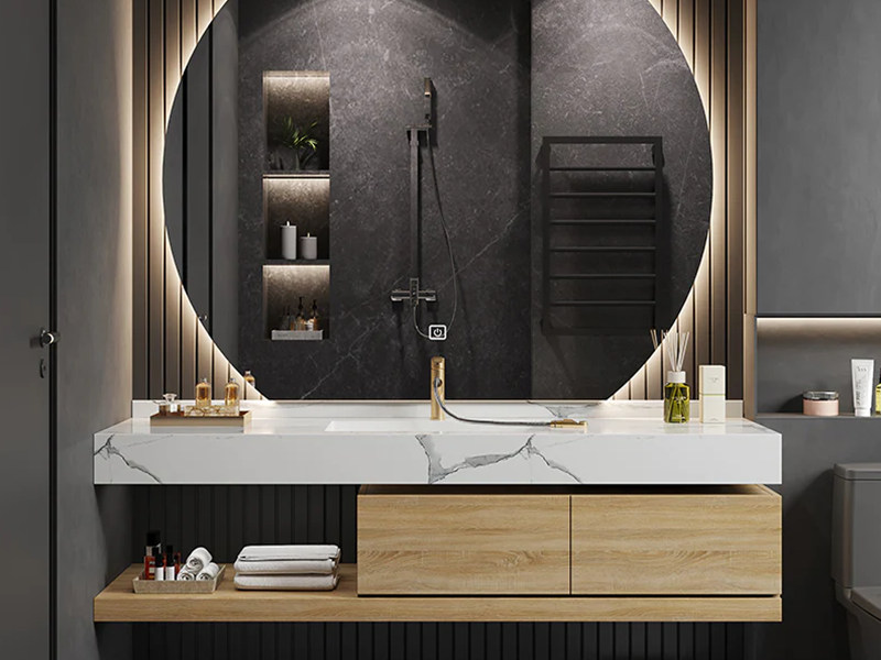 Minimalist Pullless Solid Wood Bathroom Cabinet with Countertop Design