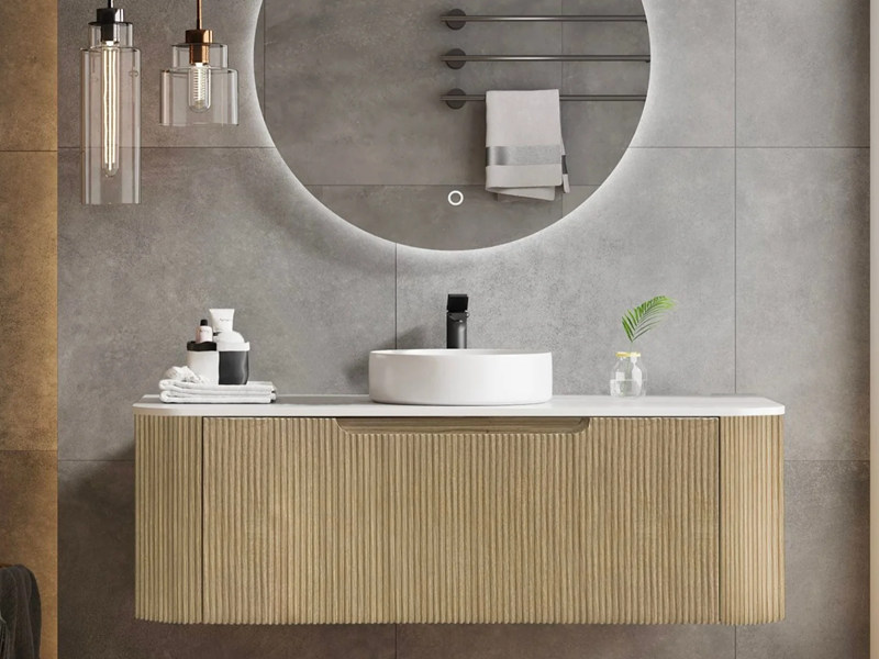 Modern Style Solid Wood Bathroom Cabinet with Waves in Original Wooden Colour