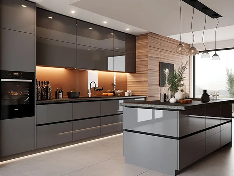 Grey Glossy kitchen cabinets