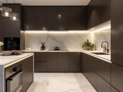 Gray Series Light Luxury Italian Style Kitchen Cabinets with LED Strip Light
