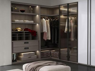 YALIG Modern Small L Shape Walk in Closet Corner Wardrobe with Aluminum Frame Glass Door - YALIG