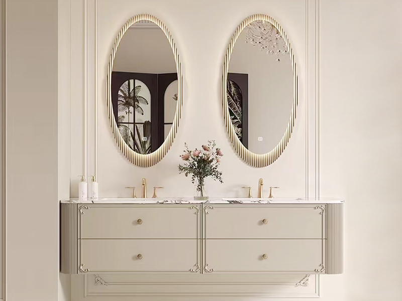 French Romantic Style High Luxury Glossy Wall Mounted Double Bathroom Vanity with Characteristic Customized Mirror